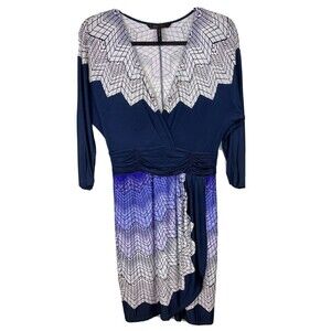 BCBGMaxAzria Dark Ink Blue Faux Wrap Dress Geometric Print Purple White Womens S